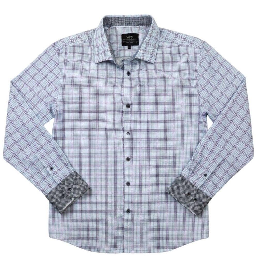 WRK‎ Mens Blue Purple Plaid 4-Way Stretch Performance Dress Shirt Size 17.5
